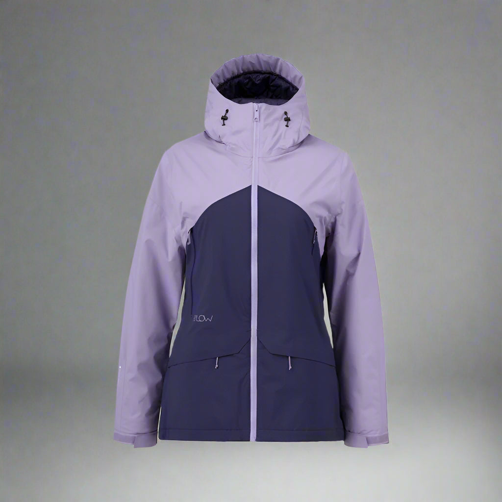 Two-tone purple and navy jacket on a white background