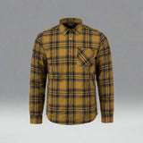 Plaid shirt with mustard yellow and navy blue pattern on a white background