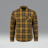 Plaid shirt with mustard yellow and navy blue pattern on a white background