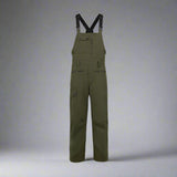 Green bib overalls with black straps on a white background
