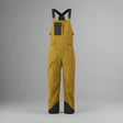 Yellow bib overalls with black accents on a white background