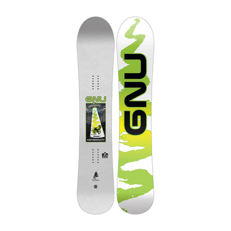 A GNU snowboard shown from both sides against a white background. The top side is silver with a green and black GNU logo and a central graphic.