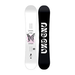 A snowboard shown from both sides against a plain white background. The left side is white with a black butterfly graphic over a light pink shape, and the right side is black with large white 'UNGEN' branding.