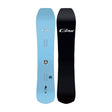 Two views of a Gru snowboard side-by-side: a light blue base showing the top graphic and bindings, and a black base showing the bottom graphic and side profile, both with the white Gru logo.