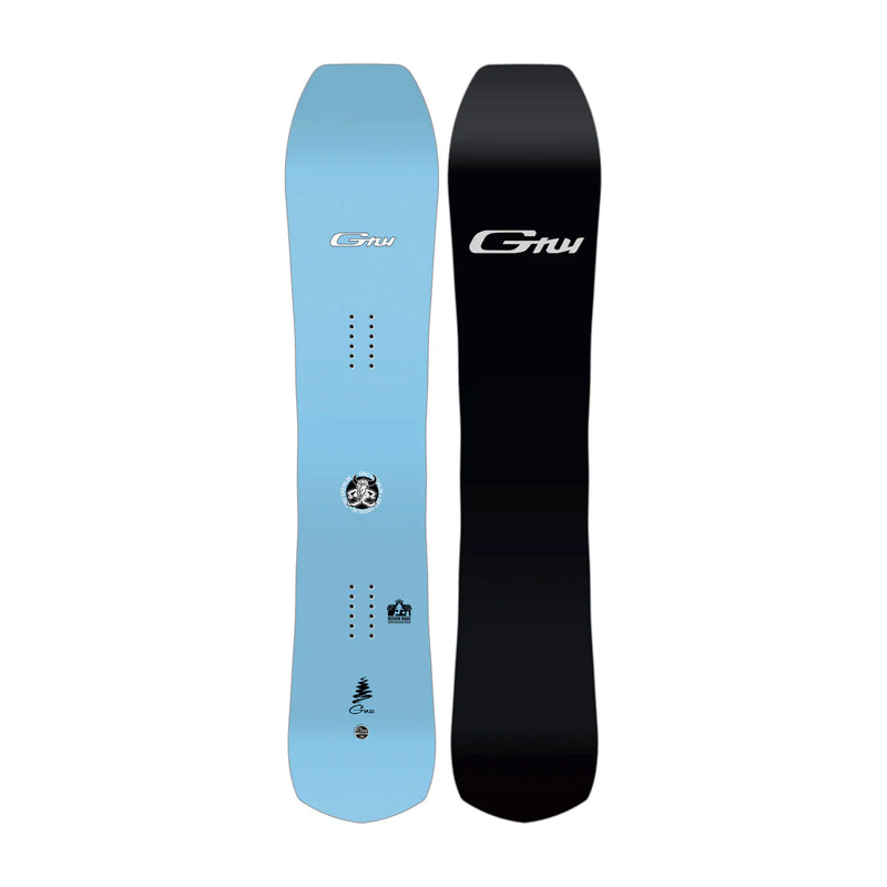 Two views of a Gru snowboard side-by-side: a light blue base showing the top graphic and bindings, and a black base showing the bottom graphic and side profile, both with the white Gru logo.