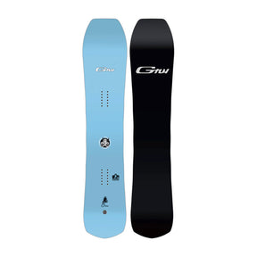 Two views of a Gru snowboard side-by-side: a light blue base showing the top graphic and bindings, and a black base showing the bottom graphic and side profile, both with the white Gru logo.