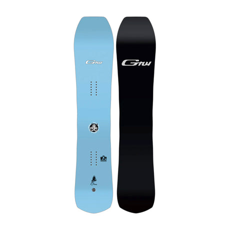 Two views of a Gru snowboard side-by-side: a light blue base showing the top graphic and bindings, and a black base showing the bottom graphic and side profile, both with the white Gru logo.