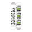 A white snowboard shown from both sides, featuring a black and green graphic print of a vintage van with the text 'CND' and illustrated characters.