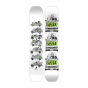 A white snowboard shown from both sides, featuring a black and green graphic print of a vintage van with the text 'CND' and illustrated characters.