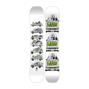 A white snowboard shown from both sides, featuring a black and green graphic print of a vintage van with the text 'CND' and illustrated characters.