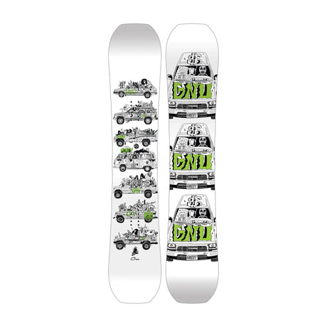 A white snowboard shown from both sides, featuring a black and green graphic print of a vintage van with the text 'CND' and illustrated characters.