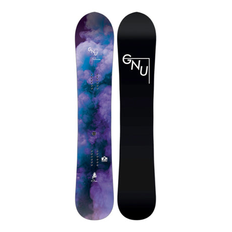 A GNU snowboard shown from both the top and bottom sides against a plain white background. The top side features a purple and blue cloudy nebula pattern, while the bottom side is solid black with a white GNU logo.