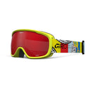 Yellow and red goggle with robots on it