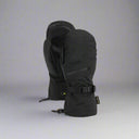 Black ski glove with a strap on a white background
