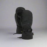 Black ski glove with a strap on a white background