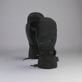 Black ski glove with a strap on a white background