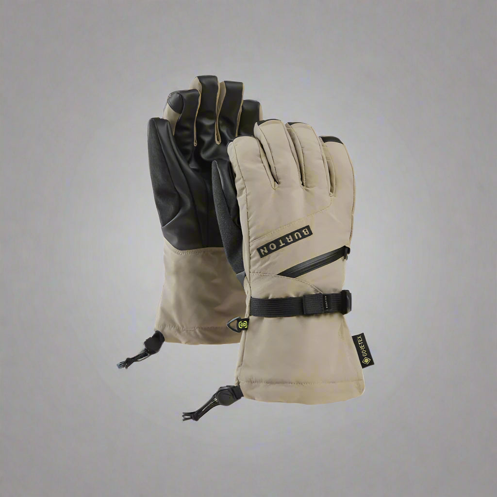 Pair of gloves with black and beige color scheme on a white background