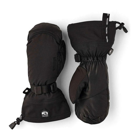 A pair of black insulated winter gloves with adjustable straps and drawstrings, displayed on a clean white background.
