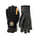A pair of black heavy-duty work gloves shown from both the back and palm sides, featuring tan protective panels and yellow contrast stitching. A shield-shaped patch on the back glove displays the brand name 'Black Dragon'.