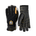 A pair of black heavy-duty work gloves shown from both the back and palm sides, featuring tan protective panels and yellow contrast stitching. A shield-shaped patch on the back glove displays the brand name 'Black Dragon'.