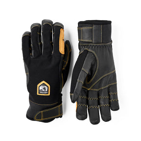 A pair of black heavy-duty work gloves shown from both the back and palm sides, featuring tan protective panels and yellow contrast stitching. A shield-shaped patch on the back glove displays the brand name 'Black Dragon'.
