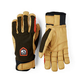 A pair of tan and black work gloves shown from both the palm and back-of-hand sides on a white background. The gloves feature a tan leather-like body with black panels on the back of the hand and wrist, and a small visible Wilson logo patch.