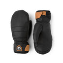 A pair of black winter mittens with tan accents, shown from the back and side against a plain white background. The brand logo 'Vulcan' is visible on a small patch near the wrist.