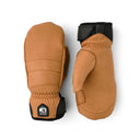 A pair of tan leather winter mittens with black trim and Velcro closures, displayed side-by-side on a white background.