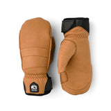 A pair of tan leather winter mittens with black trim and Velcro closures, displayed side-by-side on a white background.