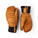 A pair of brown leather winter gloves shown from the back and side on a white background. The gloves feature a warm brown leather body with black cuffs and a small circular metal grommet on the wrist strap.
