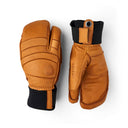 A pair of brown leather winter gloves shown from the back and side on a white background. The gloves feature a warm brown leather body with black cuffs and a small circular metal grommet on the wrist strap.
