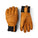 A pair of Jestra leather gloves in a warm tan/cognac brown color with black cuffs, shown from both the back and palm views on a white background.