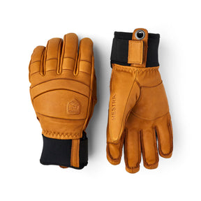 A pair of Jestra leather gloves in a warm tan/cognac brown color with black cuffs, shown from both the back and palm views on a white background.