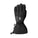 A single black insulated winter glove shown flat against a white background, featuring a wrist strap with a plastic toggle and a small rectangular brand patch on the back of the hand.