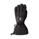 A single black insulated winter glove shown flat against a white background, featuring a wrist strap with a plastic toggle and a small rectangular brand patch on the back of the hand.