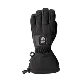 A single black insulated winter glove shown flat against a white background, featuring a wrist strap with a plastic toggle and a small rectangular brand patch on the back of the hand.