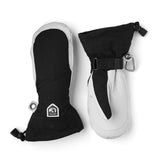 A pair of black and white insulated mittens with wrist straps and carabiner clips, displayed on a clean white background.