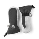 A pair of gray and white insulated mittens with wrist straps and carabiner clips, displayed on a clean white background.