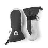 A pair of gray and white insulated mittens with wrist straps and carabiner clips, displayed on a clean white background.