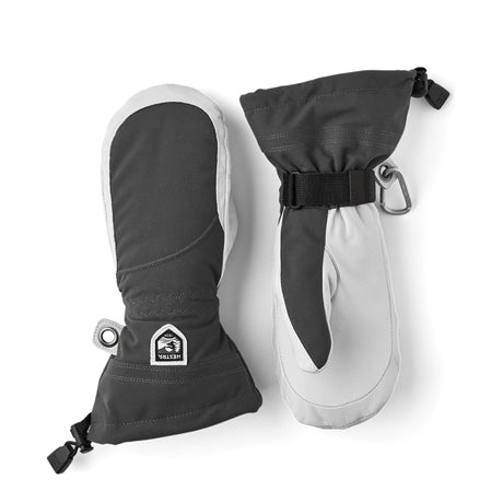 A pair of gray and white insulated mittens with wrist straps and carabiner clips, displayed on a clean white background.