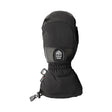 A single black winter glove with a built-in thumb, featuring a black and gray logo patch on the back of the hand and a quick-release strap at the wrist, shown against a plain white background.