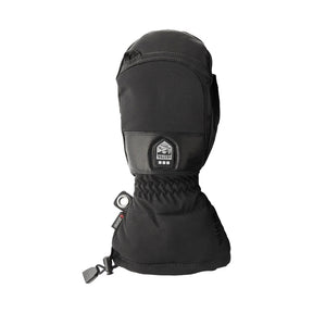 A single black winter glove with a built-in thumb, featuring a black and gray logo patch on the back of the hand and a quick-release strap at the wrist, shown against a plain white background.