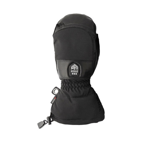 A single black winter glove with a built-in thumb, featuring a black and gray logo patch on the back of the hand and a quick-release strap at the wrist, shown against a plain white background.