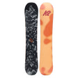 Two snowboards, one black with a mountain pattern and the other orange with a K2 logo, on a white background.