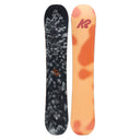 Two snowboards, one black with a mountain pattern and the other orange with a K2 logo, on a white background.
