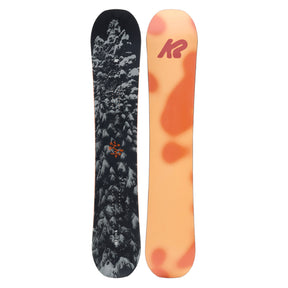 Two snowboards, one black with a mountain pattern and the other orange with a K2 logo, on a white background.