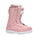 Pink snowboard boot with white accents on a white background