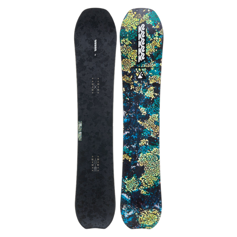 Two snowboards, one black and one with a colorful pattern, on a white background.