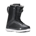 Black snowboard boot with white sole on a white background