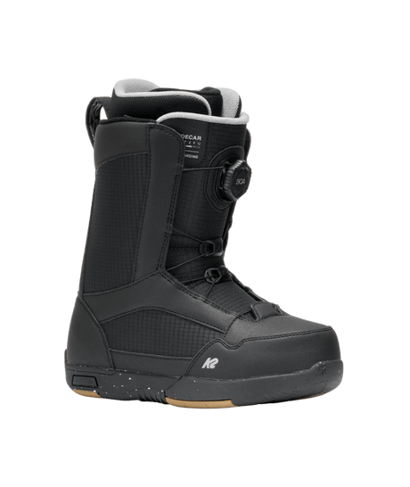 Black snowboard boot with visible branding on a transparent background